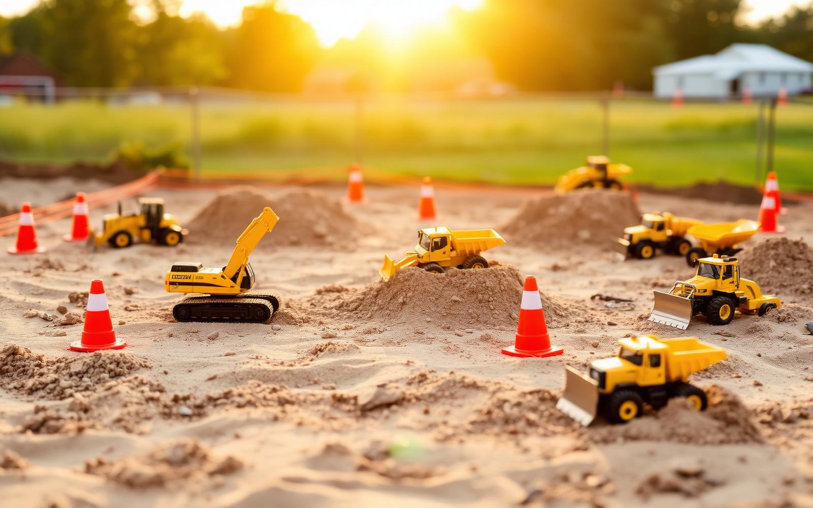 Miniature RC construction machines working at an outdoor dirt dig site